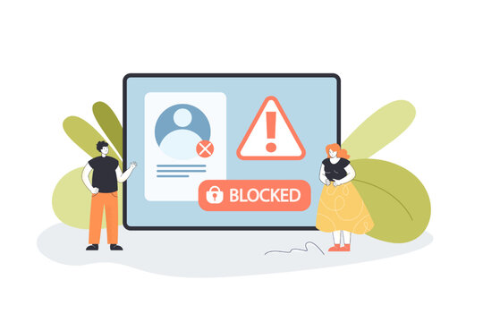 Sad users by phone with blocked account on screen. Denied profile access by tiny man and woman flat vector illustration. Network, social media concept for banner, website design or landing web page