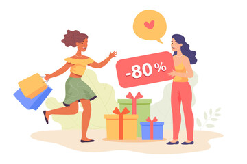 Female shop seller giving discount sign to happy customer. Woman buying clothes on sale flat vector illustration. Sale, marketing, shopping concept for banner, website design or landing web page