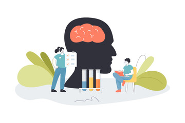 Medical research of brain diseases by tiny doctors. Man and woman examining huge human head flat vector illustration. Neurology, test, analysis concept for banner, website design or landing web page