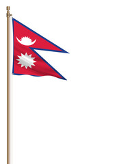 3D Flag of Nepal on a pillar blown away isolated on a white background.