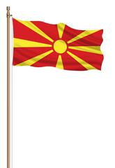 3D Flag of North Macedonia on a pillar blown away isolated on a white background.