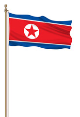 3D Flag of North Korea on a pillar blown away isolated on a white background.