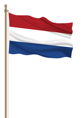 3D Flag of Netherland on a pillar blown away isolated on a white background.