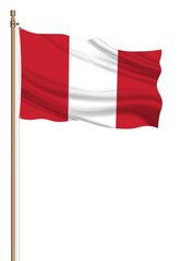 3D Flag of Peru on a pillar blown away isolated on a white background.