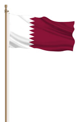 3D Flag of Qatar on a pillar blown away isolated on a white background.