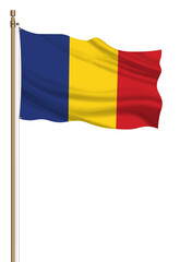 3D Flag of Romania on a pillar blown away isolated on a white background.