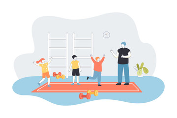 Teacher and kids doing exercises in school gym. Man teaching children physical culture on lesson flat vector illustration. Sport education concept for banner, website design or landing web page