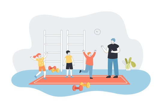 Teacher and kids doing exercises in school gym. Man teaching children physical culture on lesson flat vector illustration. Sport education concept for banner, website design or landing web page