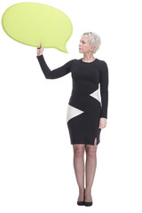 elegant woman with a speech bubble in her hand.