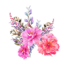 Watercolor flowers bouquet. Hand painted botanical illustration with eucalyptus leaves, peony flowers, lavender, berry branches isolated on transparent background. Floral artwork - 528875228