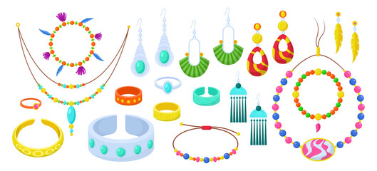 Different boho jewelry cartoon illustration set. Bohemian style earrings, necklaces, rings and bracelets with gemstones and feathers. Accessories, fashion, jewellery concept © Bro Vector