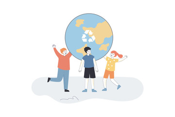Fototapeta na wymiar Kids standing near tiny Earth globe with recycling sign. Boys and girl saving and protecting ecology flat vector illustration. Awareness concept for banner, website design or landing web page