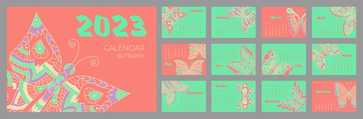 Fototapeta na wymiar Calendar 2023 with butterfly in zentangle style. Week starts on Monday. Set of 12 pages and cover in size A3, A4, A5. Vector illustration in horizontal format.