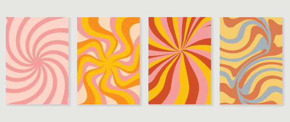 Set of groovy hippie background vector. Collection of retro trippy cover, wavy, spiral circle, swirl psychedelic wallpaper. 70s groovy hippie illustration design for cover, banner, 60s, 70s, hippy.