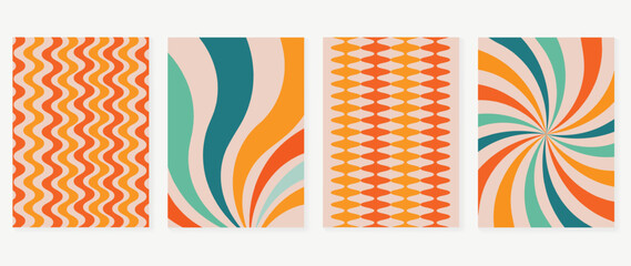 Obraz premium Set of groovy hippie background vector. Collection of retro trippy cover, spiral line, wavy, swirl psychedelic wallpaper. 70s groovy hippie illustration design for cover, banner, 60s, 70s, hippy.