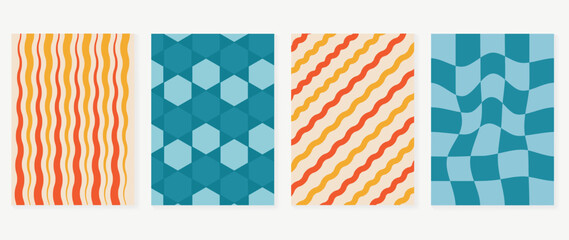 Set of groovy hippie background vector. Collection of retro trippy cover, grid, spiral, wavy, swirl psychedelic wallpaper. 70s groovy hippie illustration design for cover, banner, 60s, 70s, hippy.