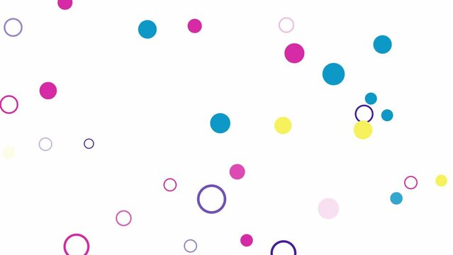 Pink yellow blue purple confetti random motion on white background. Circle and disk shape elements loopable animation. Graphic design layout. Party decoration. Kids event celebration visual template