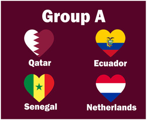 Netherlands Qatar Ecuador And Senegal Flag Heart Group A With Countries Names Symbol Design football Final Vector Countries Football Teams Illustration
