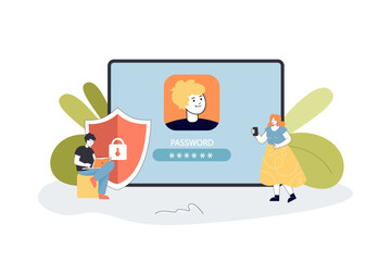 Users using password for account registration on phone screen. Protection of profile for tiny man and woman flat vector illustration. Privacy concept for banner, website design or landing web page