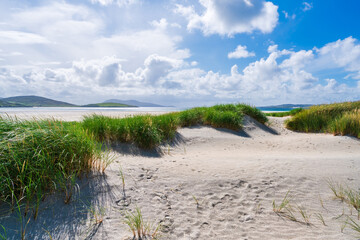 Sand dunes on Luskentyre Sands beach on the Isle of Harris, Scotland, UK