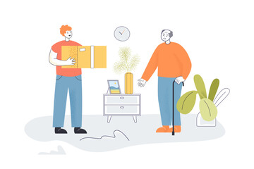 Courier delivering box to grandfathers house. Young and old male characters standing in home interior flat vector illustration. Delivery service concept for banner, website design or landing web page