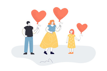 Mother, father and daughter holding balloons in shape of heart. Tiny man, woman and kid standing together flat vector illustration. Family, love concept for banner, website design or landing web page