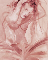 artistic canvas painting art sketch of sexy woman, pink, old pink, fast, modern, in corsage underwear lingerie, hands on her head