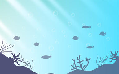 Deep ocean background with fish and light sun