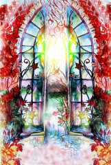 Watercolor drawing, stylization. The door to the Autumn Garden. A magical, fabulous forest. A sunny dawn in the autumn grove.