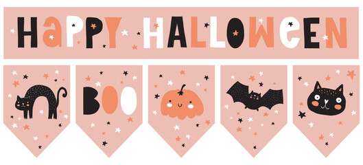 Cute Hand Drawn Halloween Decoration Set. Garland and Banner with Cats, Bat, Pumpkin and Stars on a Pastel Pink Background. Handwritten Happy Halloween.Sweet Black Kitty, Funny Pumpkin and Black Bat. 