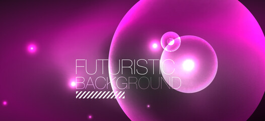 Shiny neon geometric abstract background. Glowing lights on round shapes, triangles and circles. Wallpaper for concept of AI technology, blockchain, communication, 5G, science, business