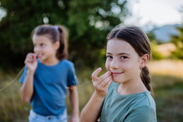 Portrait of a happy little girls chilling and enjoying summer nature.