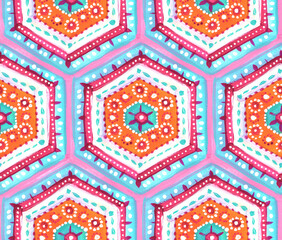 Seamless pattern of hexagonal elements. The colors used are mint, pink, orange and purple. Drawn in gouache in an expressive style. The texture of the paper and strokes of paint are visible.