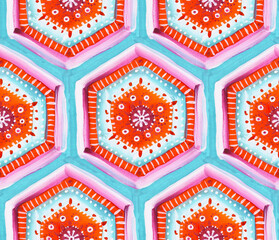 Seamless pattern of hexagonal elements. The colors used are mint, pink, orange and purple. Drawn in gouache in an expressive style. The texture of the paper and strokes of paint are visible.