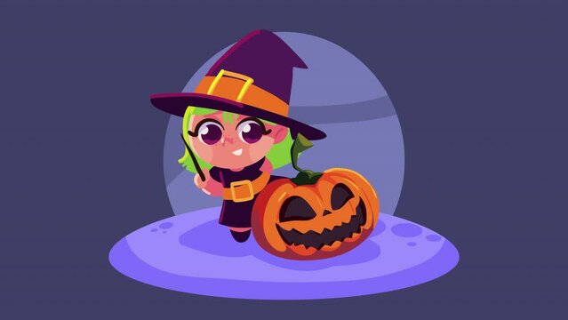 happy halloween animation with little girl witch