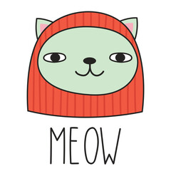 Cute cat in a red balaclava and lettering MEOW. Doodle style. Vector illustration