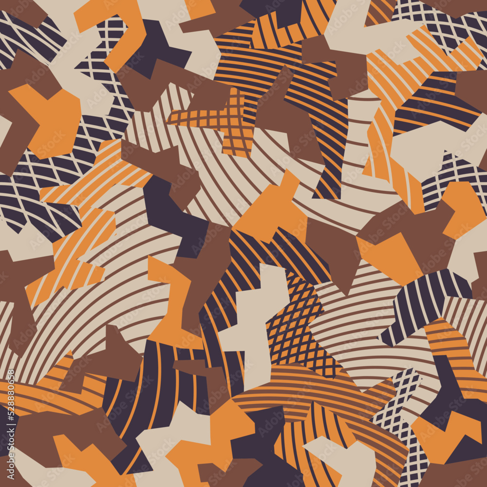 Poster patchwork sewing, camouflage background. radio waves, striped radial pattern. urban clothing style. 