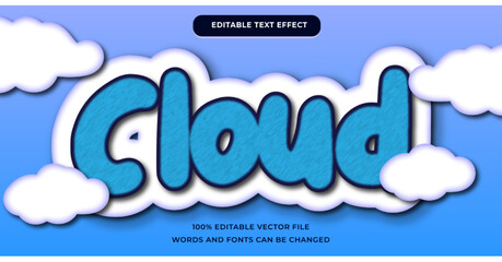 Cloud text effect cute style with blue chalk pattern editable font
