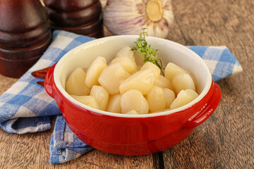 Raw scallop seafood in the bowl