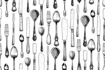 .Hand drawn seamless pattern with antique cutlery.Vintage serving items on a white background. Vector illustration.