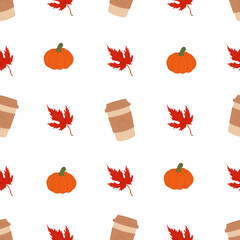 autumn pattern with pumpkin latte and autumn leaves. Autumn pattern for autumn design