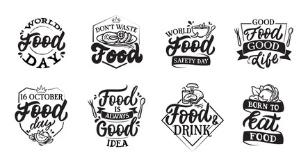 The set of lettering badges on Food day. The doodle style in black