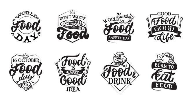 Naklejki The set of lettering badges on Food day. The doodle style in black