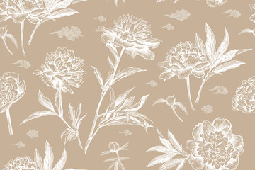 Beautiful seamless pattern in chinese style with hand drawn luxurious Peonies flowers and clouds on a beige background. Vector illustration of white Peonies. Floral elements for textile design - 528881801