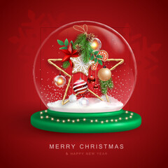 Christmas snow globe with 3D star and decoration. Merry Christmas and Happy new Year holiday greeting card. Vector illustration