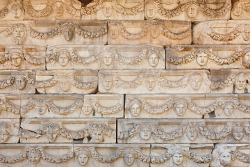 Ancient stone sculptures in Afrodisias archeology landmark village. Turkey