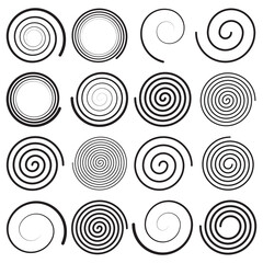 Set of spiral elements. Spiral icon set. Swirl, helix, gyre, curl, loop symbol. Flat design. Vector illustration