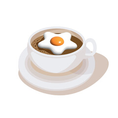 Mixed breakfast and brunch,3D a fried egg in white coffee cup  is  a deluxe meal in the morning, fast and compact English breakfast food 3d vector illustration. fried egg in a white cup.