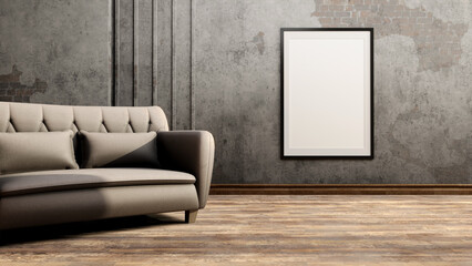 Old Wall Background With Cozy Gray Sofa And Wall Frame. Minimalist Interior Design In Living Room. 3D Render