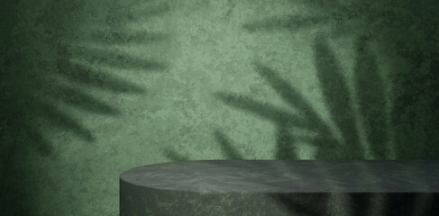 Empty Black Podium With Shadow Tropical Leaf And Green Grungy Wall Background. 3D Render Illustration. For Any Products Presentation Concept.